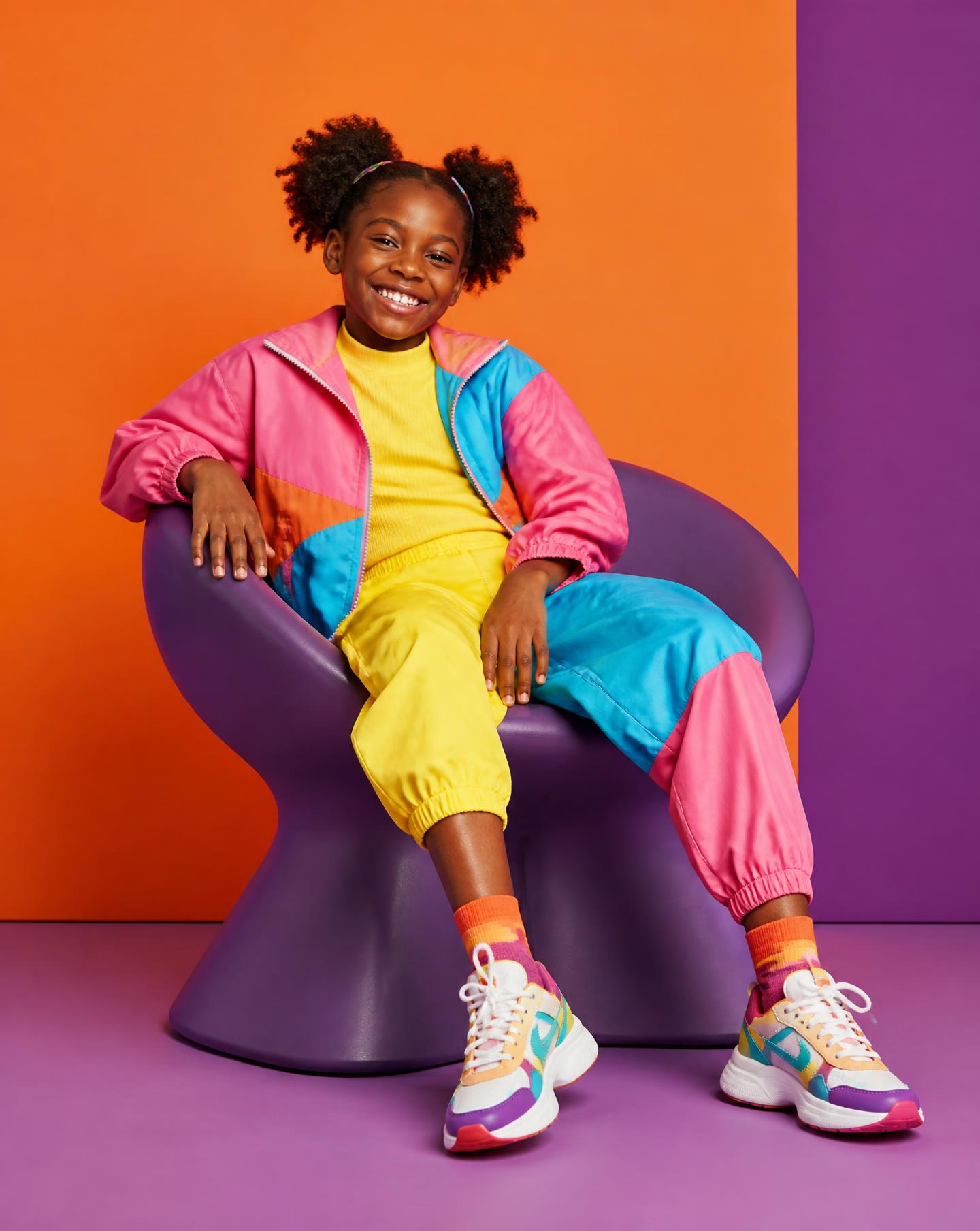 Smiling young model in a colorful editorial look seated in a designer chair
