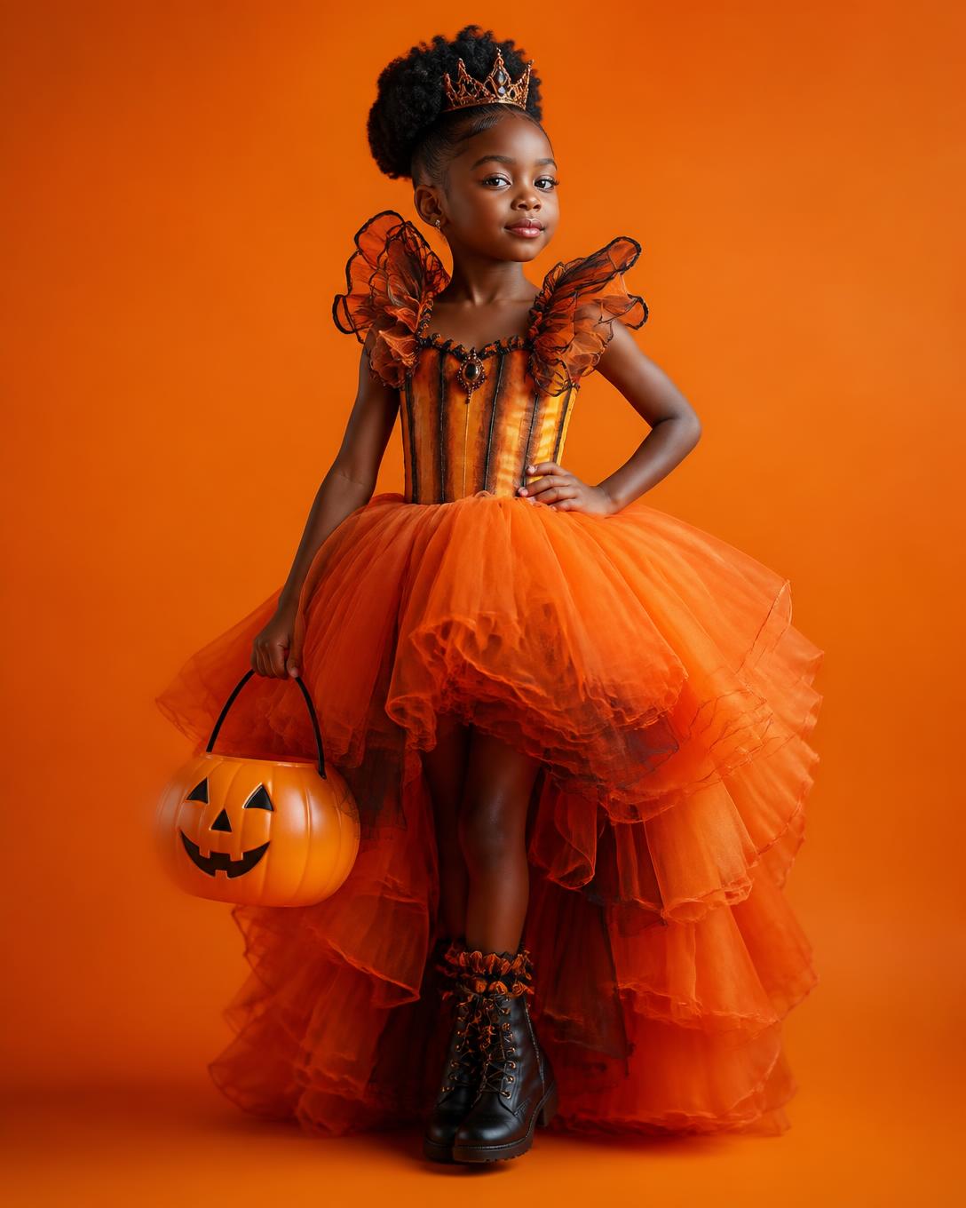 Kid in a couture pumpkin-inspired Halloween look